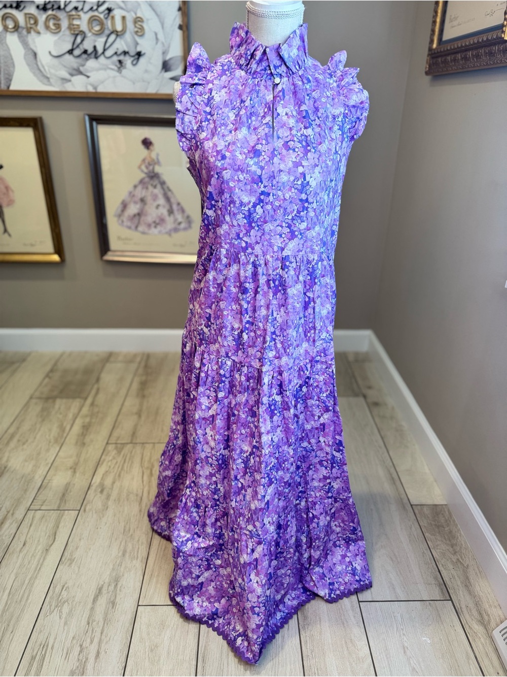 New! Sara Campbell Lavender Floral Ruffle-Collar Maxi Dress